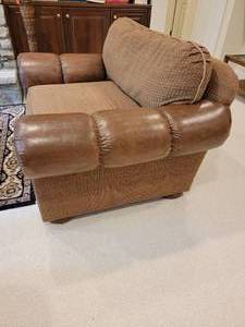 lot 28 image: Daytons Furniture Leather & Cordory Armchair & Ottoman