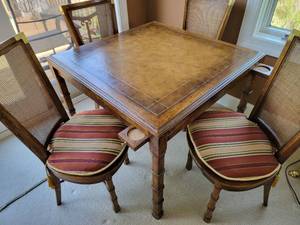 lot 9 image: Heritage Leather Top Bamboo Game Table and Caned Chairs