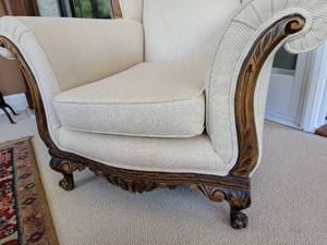 lot 22 image: Antique Walnut Arm Chair in a Cream Herringbone