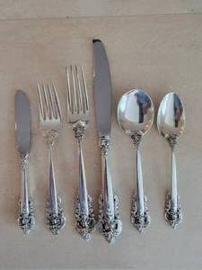 lot 2A image: Wallace Grand Baroque Sterling Silver 6 pc Flatware Placesettings for 12