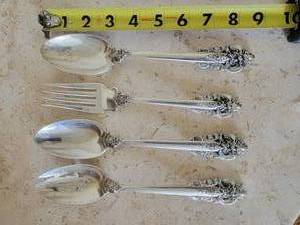 lot 2D image: Wallace Grand Baroque Sterling Silver 4 pc Serving Spoons and Fork