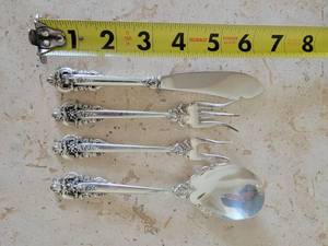 lot 2C image: Wallace Grand Baroque Sterling Silver 4 pc Jelly Spoon  Spreader  2 Condiment Forks