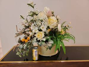 lot 299 image: Beautiful Blooming Silk Flower Arrangement  Kumquats & Roses