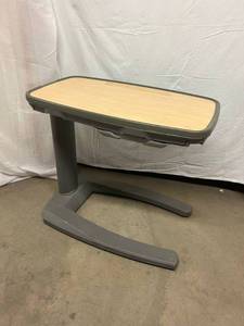 lot 22 image: MSRP $800 Award Winning Stryker Trufit Slide Open Split Top Height Adjustable Overbed Table With Slide Out Vanity Mirror BeigeGrey Tone - Great Condition
