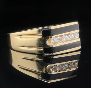 lot 34 image: Mens Stately Cubic Zirconia & Onyx Double Inlay Square Top Channel Ring in 14k Yellow Gold