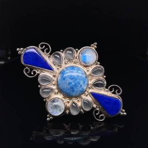 lot 32 image: Large Natural Lapis, Larimar & Moonstone Large Convertible BroochPendant - Designer Stamped -2 in 1 Style