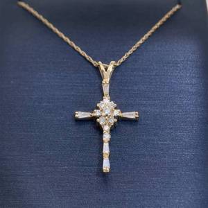 lot 27 image: Diamond Cluster Slim Cross Pendant Necklace in 14k Yellow Gold, Thin & Sturdy Classic Rope Chain $1,525 Retail VIDEO