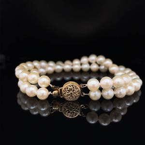 lot 25 image: White Cultured Pearl Double-StrandTwo Row Bracelet w 14k Yellow Gold Filigree Clasp VIDEO