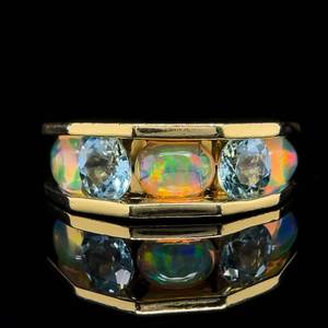 lot 5 image: Custom Made One-of-a-Kind Aquamarine & Opal Channel Geometric Ring in 18k Yellow Gold $6,500 Retail VIDEO