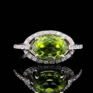 lot 17 image: 2.35 Carat Oval Peridot & Diamond Halo Sideways East-West Ring in 14k White Gold $1,899 Retail VIDEO