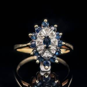 lot 23 image: Diamond and Natural Blue Sapphire Ballerina Art Deco Inspired Oval Flower Cluster Estate Ring in Yellow Gold $1,475 Retail
