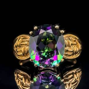 lot 29 image: Oval Cut Mystic Topaz Solitaire Scalloped Braided Textured Ring in Yellow Gold, Unique Vintage Inspiration