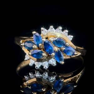 lot 30 image: Marquise Natural Blue Sapphire & Diamond Ocean Wave Cluster Cocktail Ring in 14k Yellow Gold $1,440 Retail