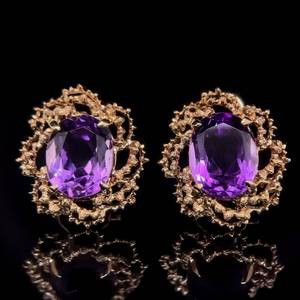 lot 15 image: Fancy Oval Cut Amethyst Solitaire Coral Reef Wreath Openwork Vintage Button Earrings in 14k Yellow Gold $2,250 Retail VIDEO