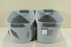 lot 96 image: 2 New Threshold Cotton Blend Rope Storage Baskets -Grey