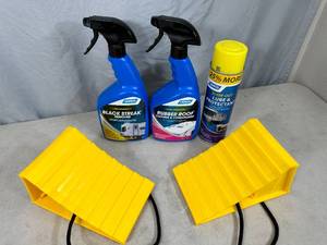 New RV  Camper Black Streak Remover, Roof Conditioner, Lube, Wheel Chocks