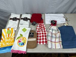 Assorted New Hand Towels, Dish Towels, Aprons, and More