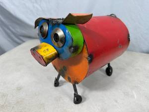 New Handmade Recycled Metal Pig with Curly Q Tail