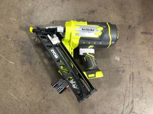 lot 21 image: RYOBI ONE 18V Lithium-Ion Cordless AirStrike 15-Gauge Angled Finish Nailer (Tool Only) with Sample Nails Customer Returns See Pictures