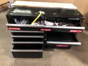 lot 23 image: Husky 46 in. W x 24.5 in. D Standard Duty 9-Drawer Mobile Workbench Cabinet with Solid Wood Top in Gloss Black Damaged  Customer Returns See Pictures