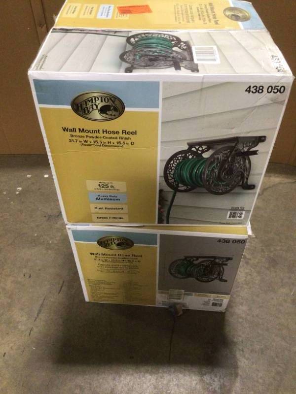 2 Lost of Hampton Bay Wall-Mounted Hose Reel Customer Returns See Pictures, KX REAL DEALS OUTDOOR TOOLS AND PATIO ITEMS, APPLIANCES AND MORE  NEWPORTAUCTION