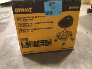 lot 20 image: DEWALT 24 in. H x 16 in. W x 16 in. D Adjustable Shop Stool with Casters  Customer Returns  See Pictures