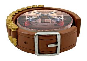 lot 15 image: Last Call Western Gunslinger Six Shooter Revolver Pistol Cowboy Bullet Belt Drink Coaster Set