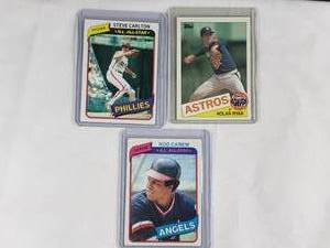 Lot of 3 Nolan Ryan 1985 Topps 760, Steve Carlton N.L. All-Star 1980 Topps No. 21, Rod Carew A.L. All-Star 1980 Topps No. 700