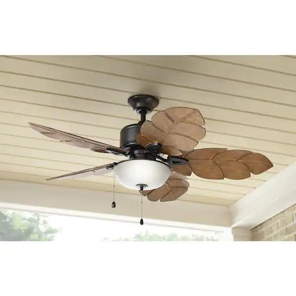lot 1 image: NEW - Home Decorators Collection Palm Cove 52 in. IndoorOutdoor LED Natural Iron Ceiling Fan with Light Kit, Downrod and Reversible Motor 082392911225 MSRP $164.00