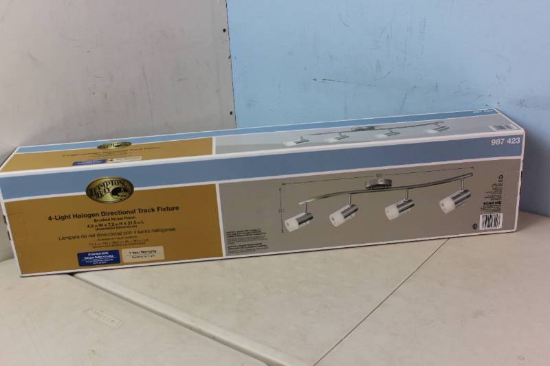 lot 5 image: NEW - Hampton Bay 4-Light Brushed Steel Wave Bar Track Lighting Fixture with Cylinder Glass Shades 008938234023 MSRP $109.00