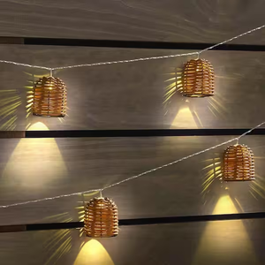 lot 11 image: NEW - Hampton Bay IndoorOutdoor 15.4 ft. 10-Light Brown Battery Powered Bell-Shaped Integrated LED Bulb Rattan String Lights 012109105791 MSRP $19.97