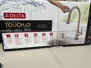 lot 8 image: Delta Greydon Touch2O Single Handle Pull Down Sprayer Kitchen Faucet with ShieldSpray Technology in SpotShield Stainless Steel retails $320 see pictures