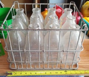 lot 364 image: Vintage Milk Bottles With Metal Crate.