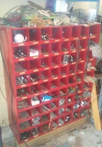 lot 445 image: Red Metal Bolt Bin Parts Organizer With Contents.