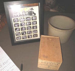 lot 883 image: Crock, Wood Box, Framed Tv Memories