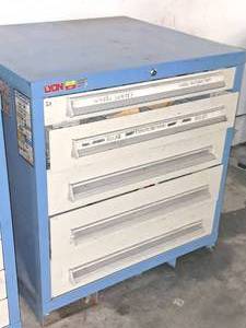lot 445 image: Lyon Metal Parts Organizer Cabinet 5-drawer with Bulbs, Batteries, Lug Bolts, Misc. Automotive Parts