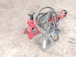 lot 452 image: Lot of (4) Shop Tools - (2) Torin Big Red Jacks 2-Ton Double Locking Jack Stands, (1) Pittsburgh Heavy Duty Grey 3-Ton Jack Stand, Jumper Cables