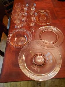 lot 34 image: Collection Of Pink Depression Glass Items