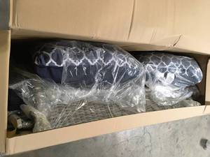 Hampton Bay Beacon Park Gray Wicker Outdoor Patio Loveseat with Standard Midnight Trellis Navy Blue Cushions Customer Returns See Pictures