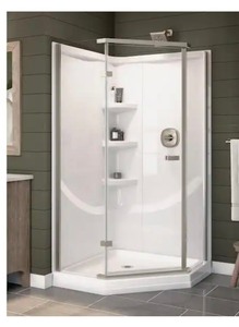 lot 101 image: New Delta Classic 38 in. W x 72 in. H Neo-Angle Pivot Semi Frameless Corner Shower Enclosure in Stainless