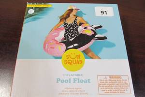 lot 91 image: Sun Squad Inflatable Donut Boxer Dog W Sunglasses Swim Tube 3ft 10in Long