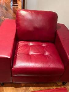 lot 6 image: Gabberts Red Leather Chair and Red Ottoman