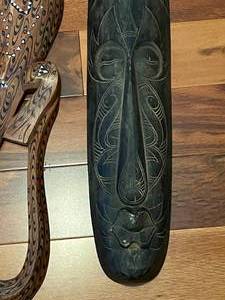lot 45 image: Carved Wood Mask and Painted Wood Lizard