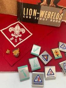 Boy Scout belt emblems, scarf, pins