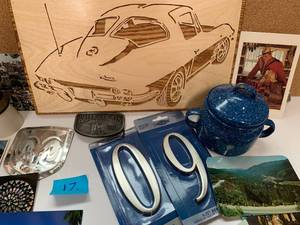 Wood Corvette Sign, postcards, Tin