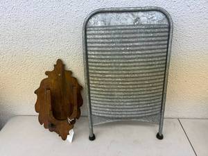 Vintage Metal Washboard & Antique Homemade Holder for Mortar & Pestle