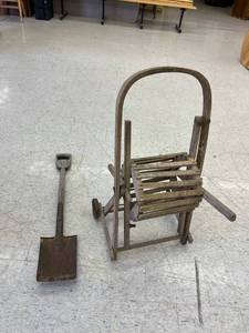 Vintage Wood Hose Reel & Wood Handle Shovel