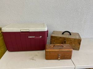 lot 307 image: Coleman Cooler, Tackle Box & Wood Box