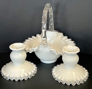 lot 76 image: Variety of Vintage Milk Glass Items & Vintage Fenton White Case Pink Silver Crest Crimped Edge Bowl