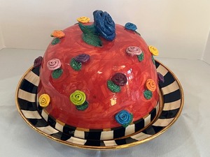 lot 77 image: Mary Rose Yang Ceramic Colorful Floral Cake Plate & Dome Cover With Rose Lid Pull